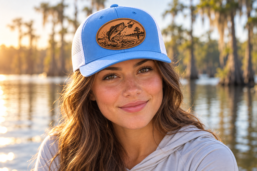 Bass — female close-up wearing Columbia Blue/White hat with Saddle Tan patch; mockup