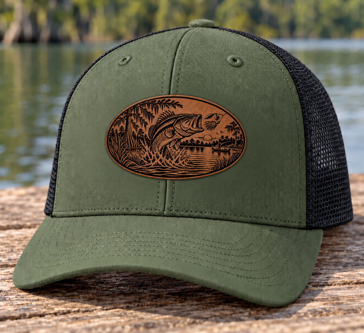 Loden green and black Richardson hat with Saddle Brown and black bass patch; product mockup