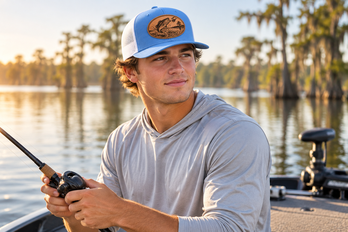 Bass — male fishing model wearing Columbia Blue/White hat with Saddle Tan patch; mockup