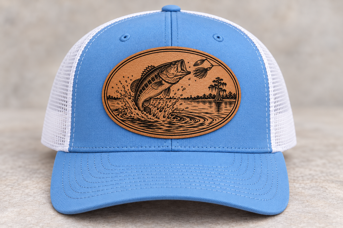 Bass — Saddle Tan patch on Columbia Blue/White Richardson 112; product mockup