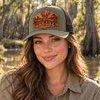 Female model wearing a Buckeye Hunting Club hat with a smooth unstitched leatherette patch