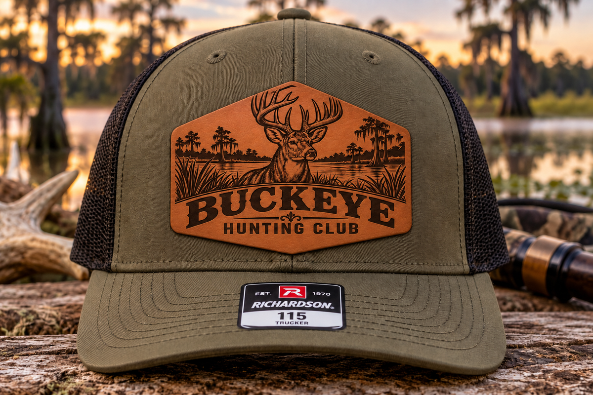Buckeye Hunting Club hat outdoors with a smooth unstitched leatherette patch