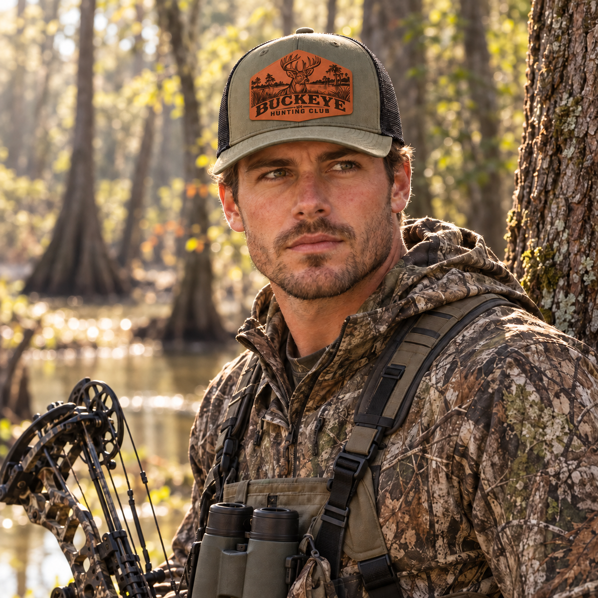 Male bowhunter wearing a Buckeye Hunting Club hat with a smooth unstitched leatherette patch