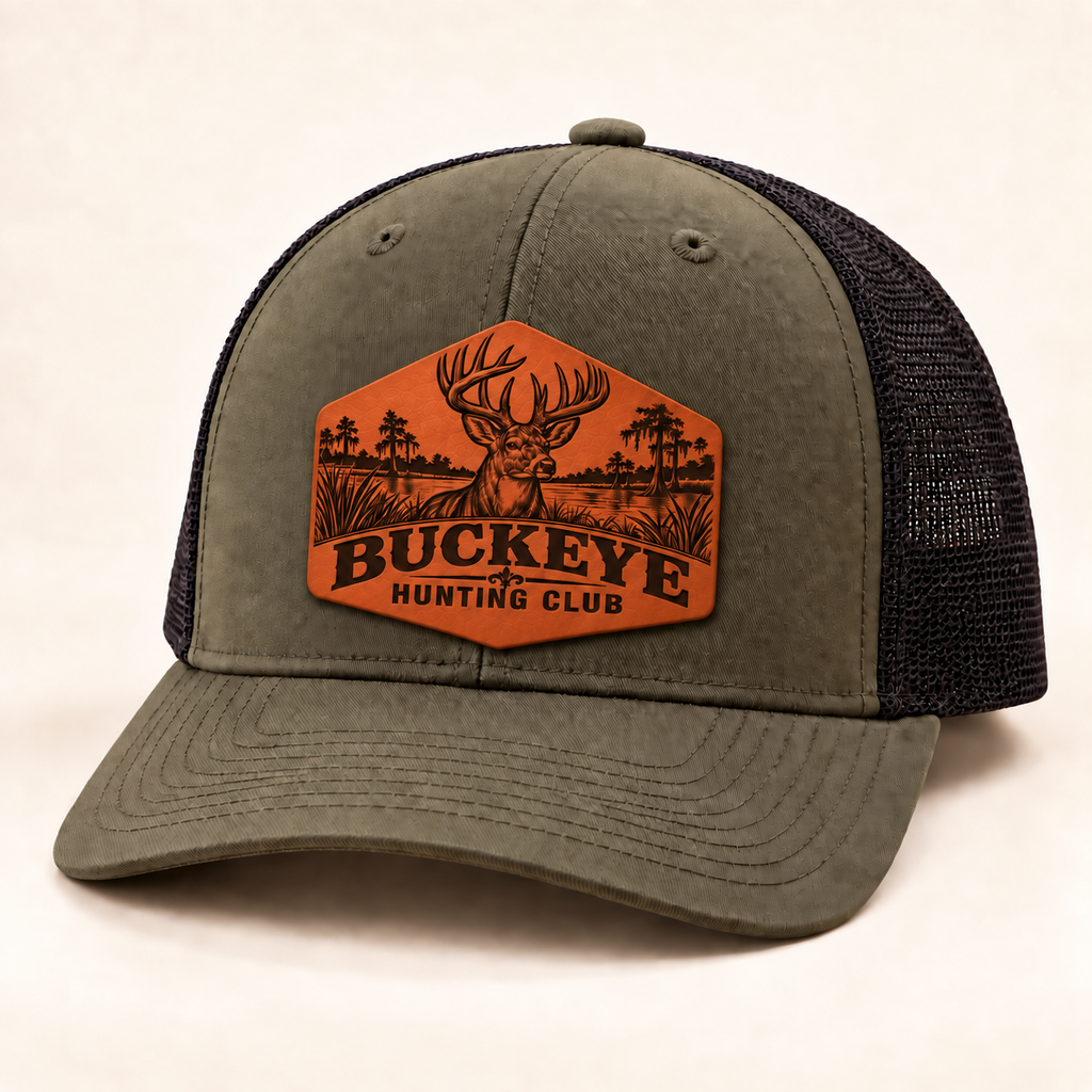 Buckeye Hunting Club hat studio photo with a smooth unstitched leatherette patch