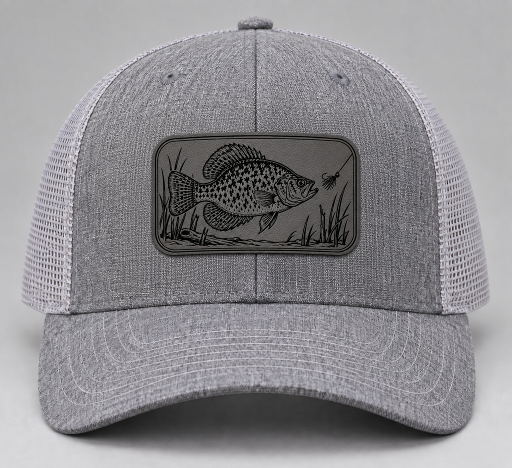 Crappie — 3.5-inch Charcoal patch on Heather Grey/Light Grey Richardson 112; product mockup