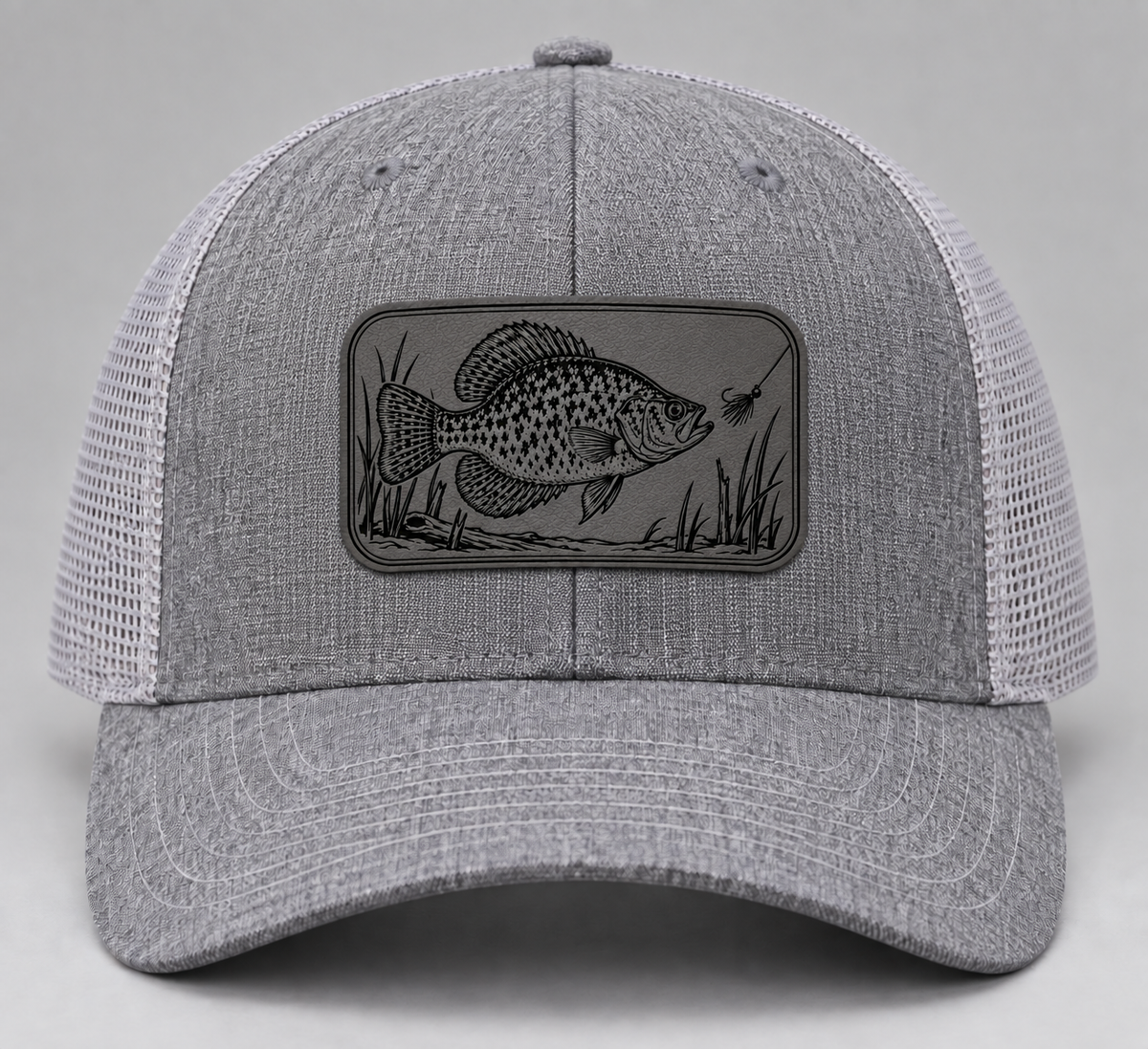 Crappie — 3.5-inch Charcoal patch on Heather Grey/Light Grey Richardson 112; product mockup