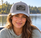 Crappie — female close-up wearing Heather Grey/Light Grey hat with Charcoal patch; mockup