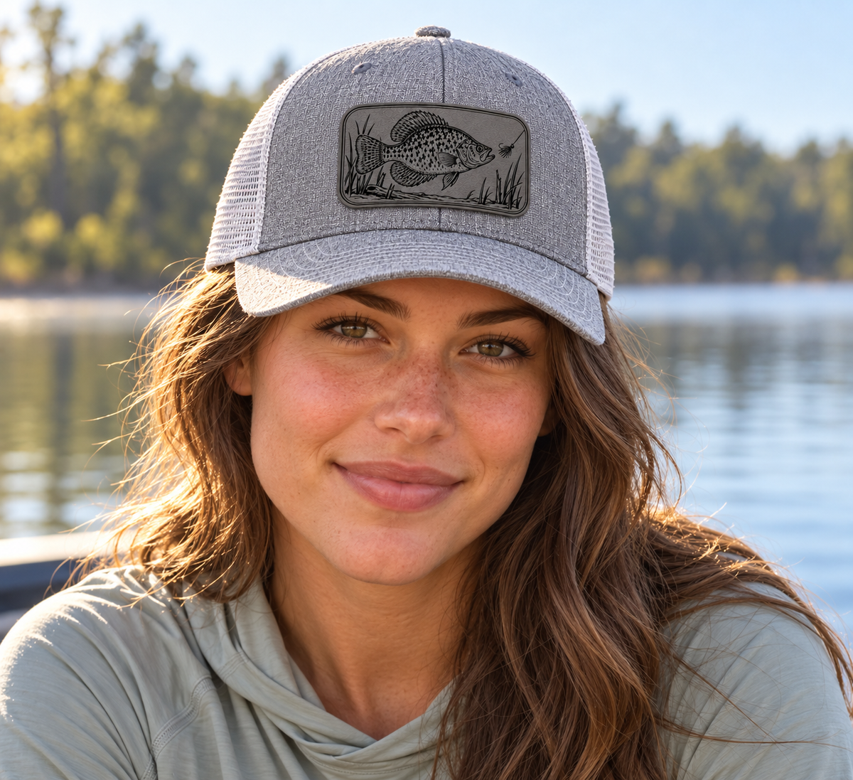 Crappie — female close-up wearing Heather Grey/Light Grey hat with Charcoal patch; mockup