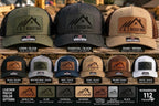 C & J Roofing custom-logo hat and leatherette patch color examples — design mockups
