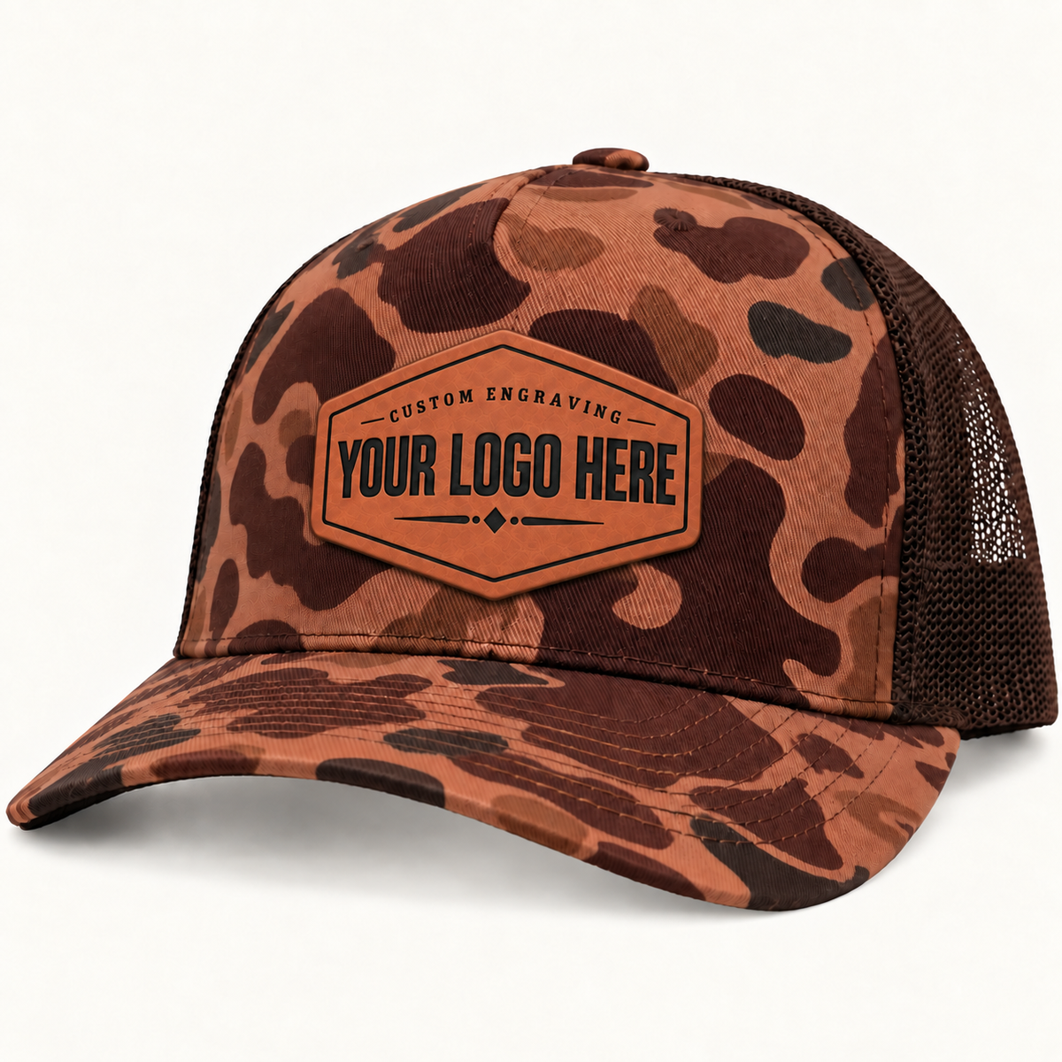 Your Logo Here leatherette patch on a Richardson 112PFP Bark Duck Camo Brown hat, without patch stitching