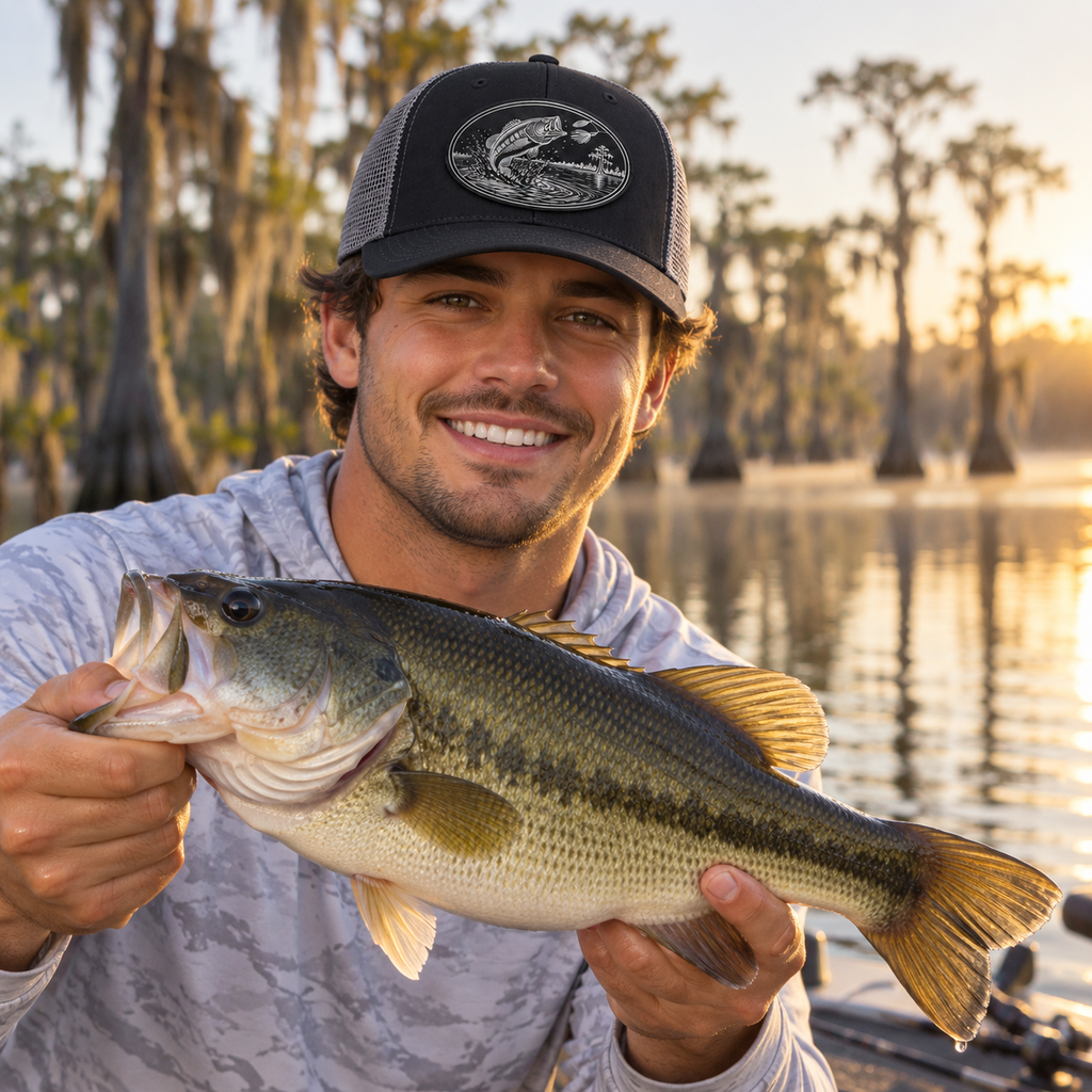 Male model wearing Flat River black and silver bass patch Richardson hat while holding a largemouth bass