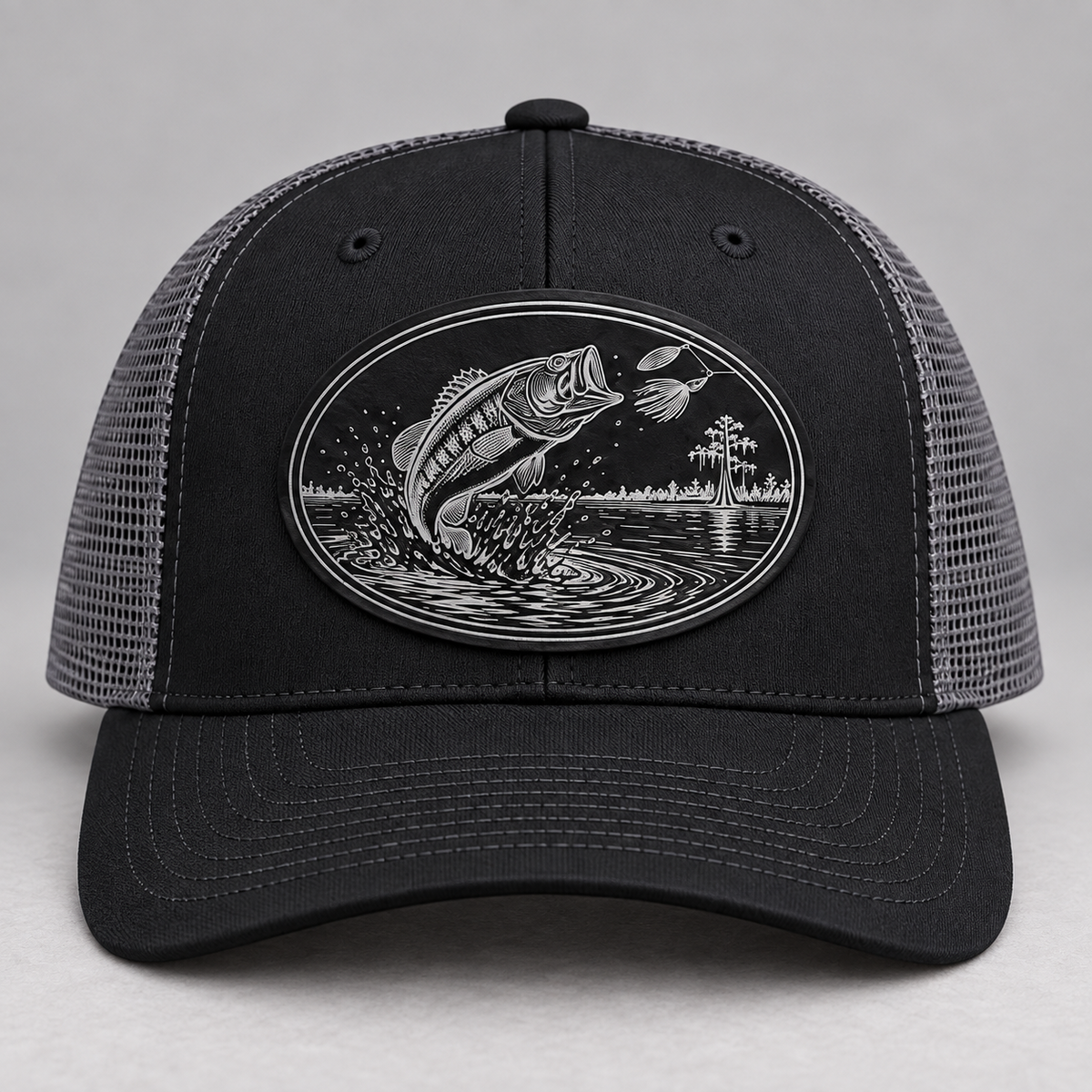 Richardson 112 Black / Charcoal hat with black and silver bass leatherette patch