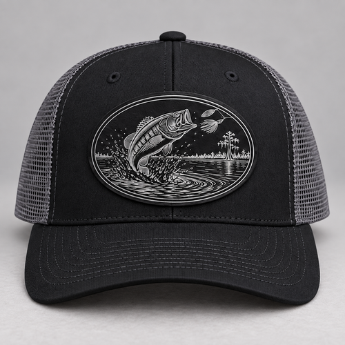 Richardson 112 Black / Charcoal hat with black and silver bass leatherette patch