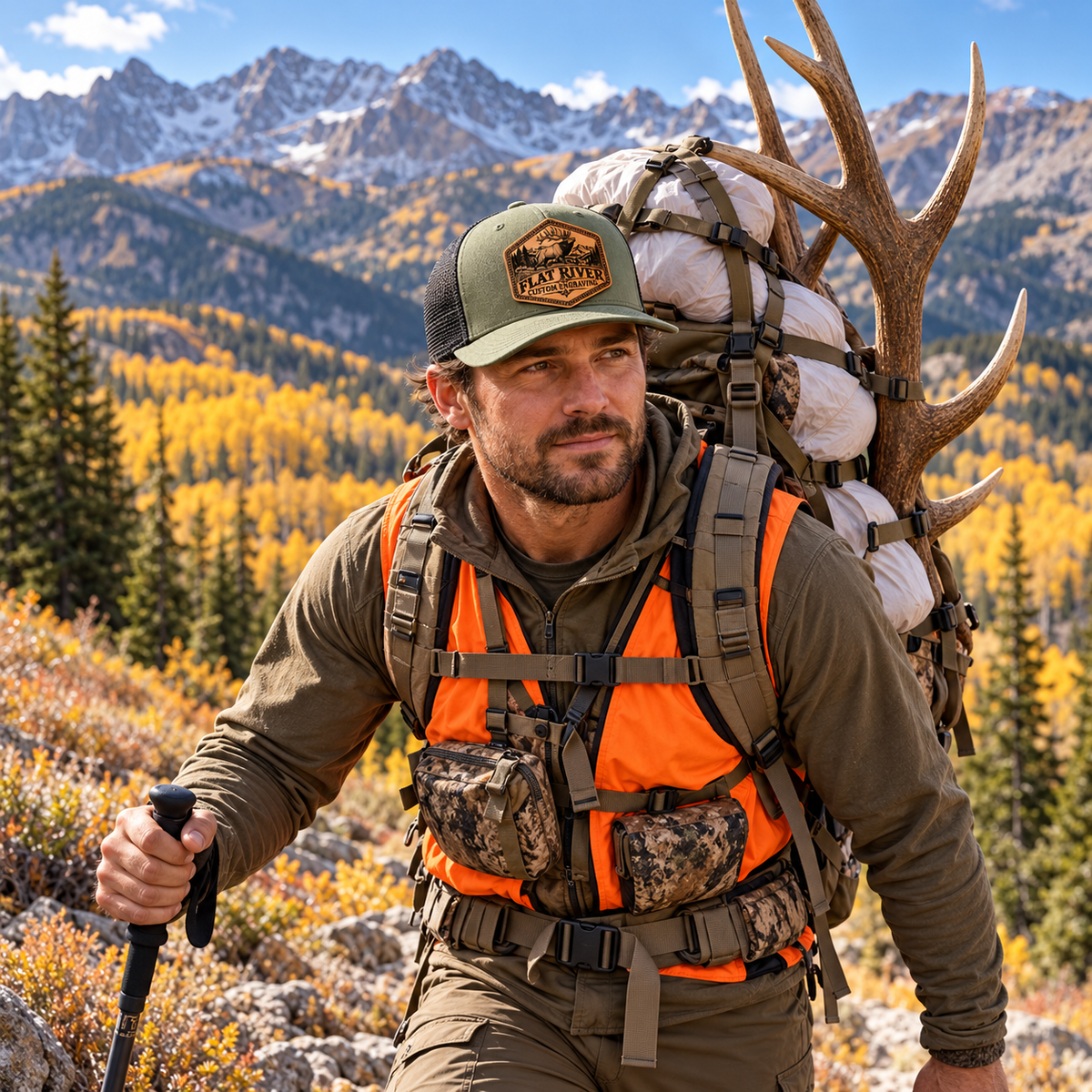Male hunter wearing a Flat River Bull Elk loden and black hat while packing an elk through the Colorado mountains