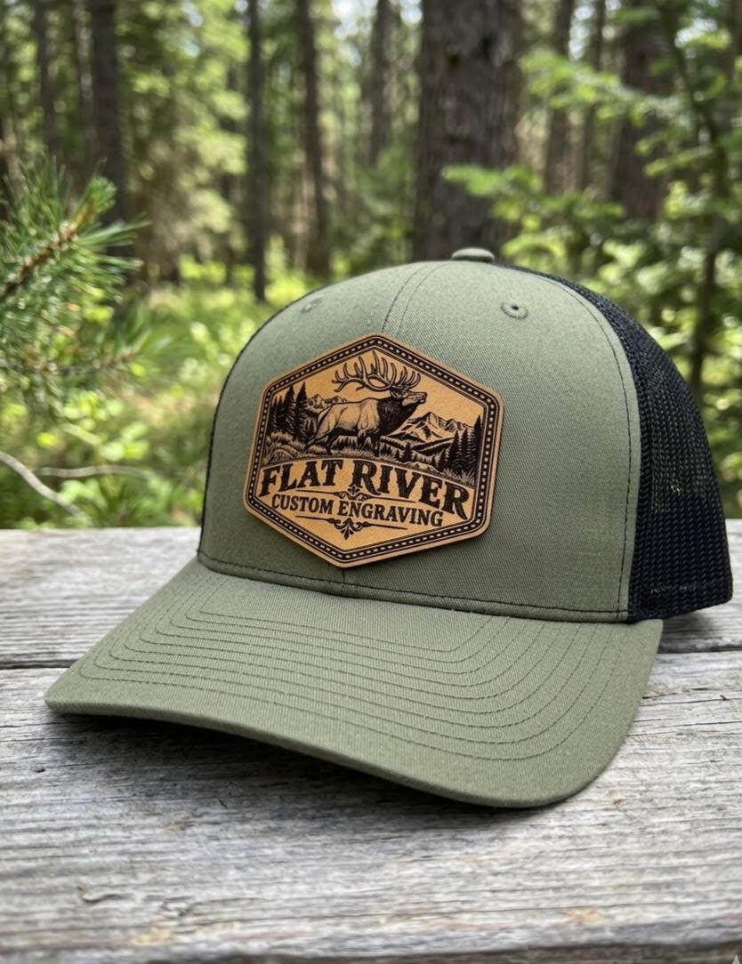 Loden and black Richardson hat with Flat River Custom Engraving bull elk patch