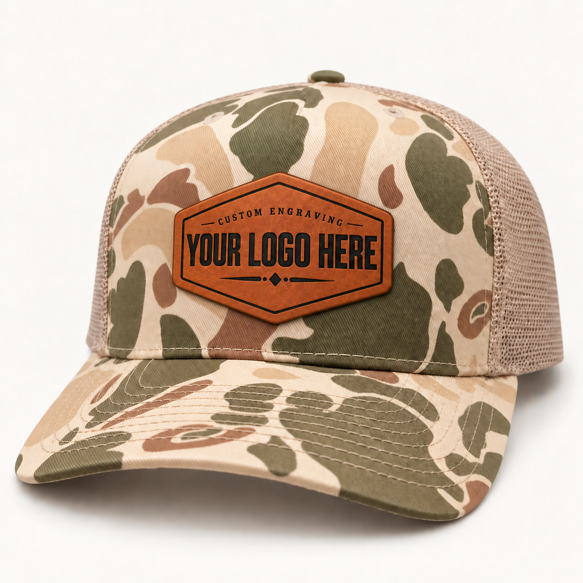 Richardson 112PFP Harvest Duck Camo Light Tan custom logo patch hat on warm ivory studio background
