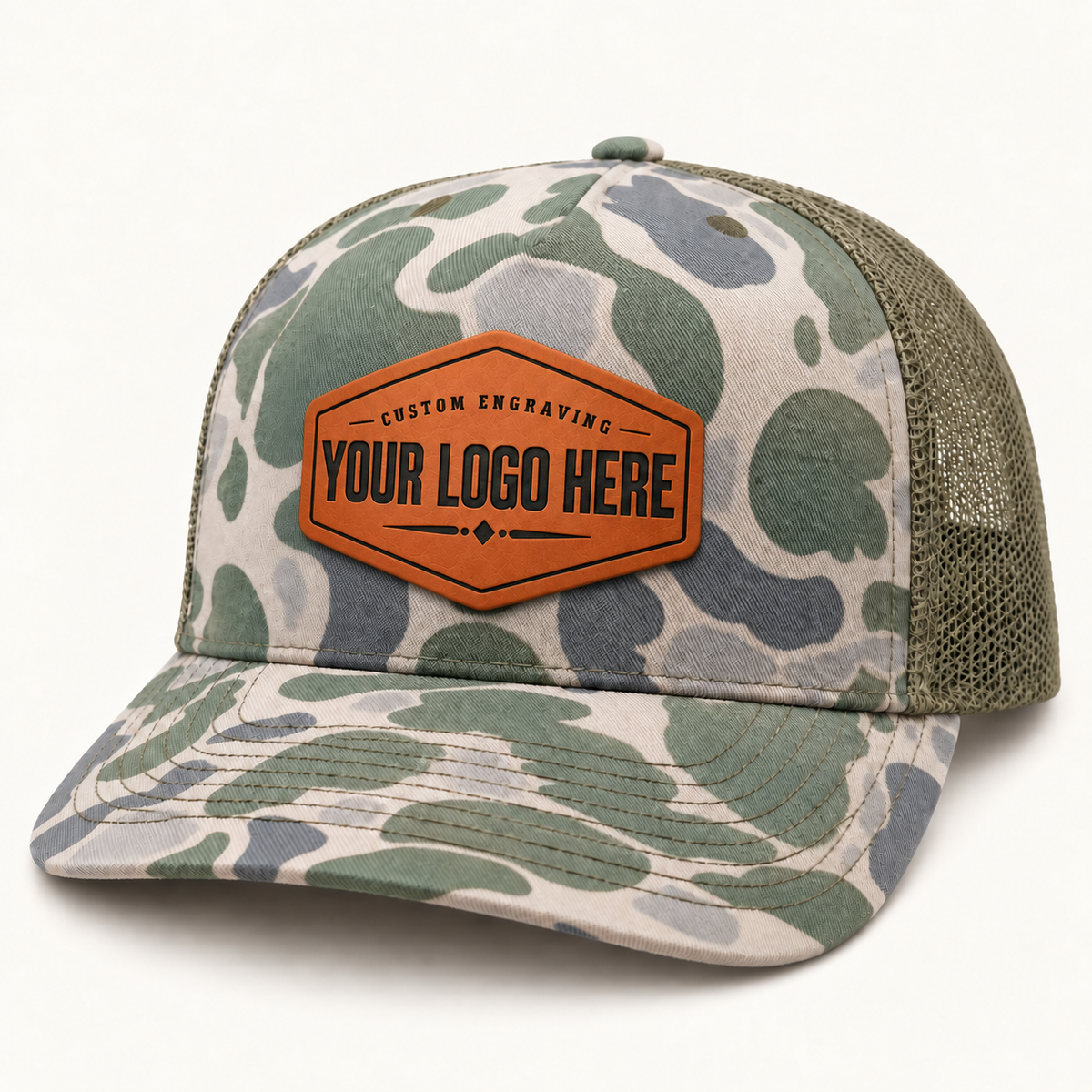 Richardson 112PFP Marsh Duck Camo Loden custom logo patch hat on warm ivory studio background