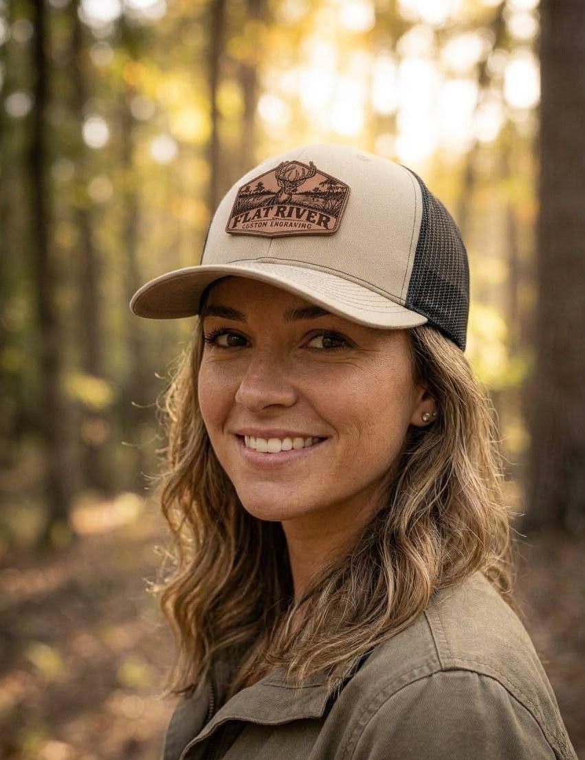 Flat River whitetail patch hat worn outdoors — lifestyle design mockup