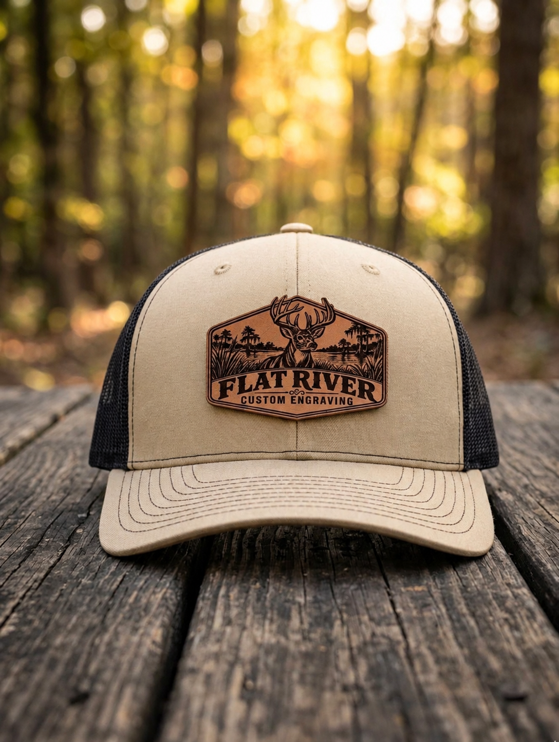 Flat River Whitetail Leather Patch Hat — Khaki / Black — product mockup