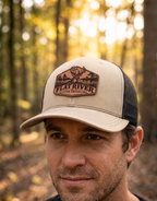 Flat River Whitetail Leather Patch Hat — Khaki / Black — product mockup