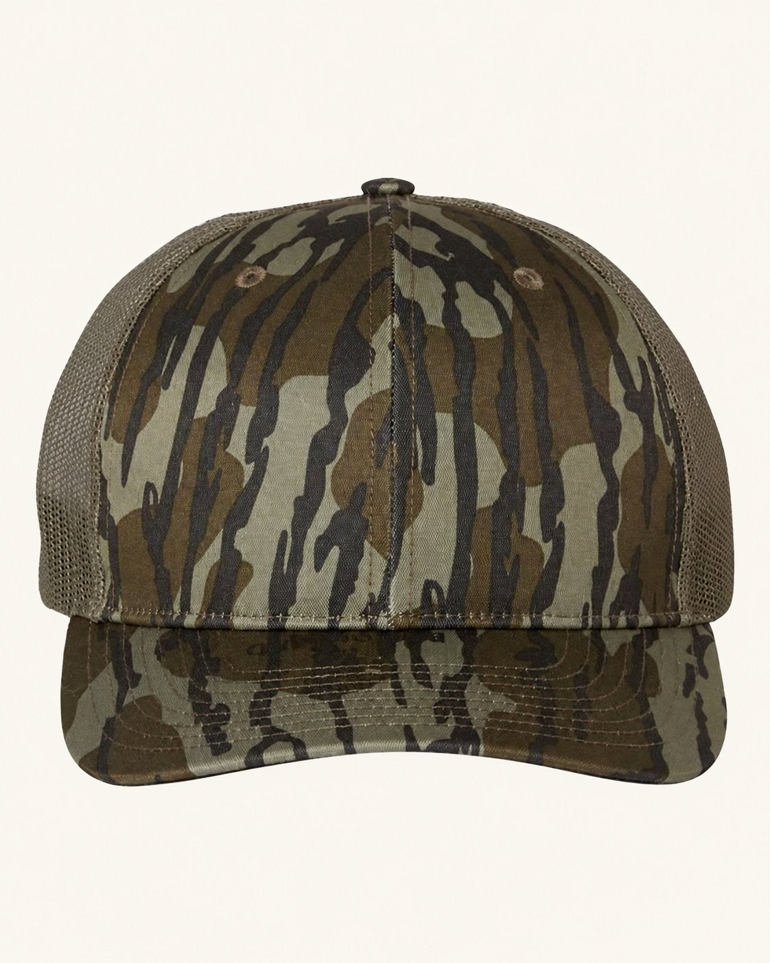 Richardson 112P — Mossy Oak Bottomland/ Loden — blank cap supplier reference; patch not shown