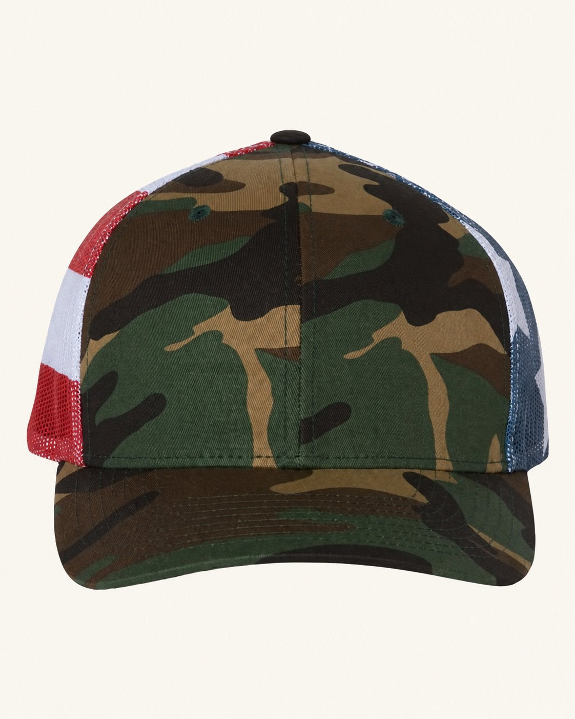Richardson 112PM — Green Camo/ Stars & Stripes — blank cap supplier reference; patch not shown