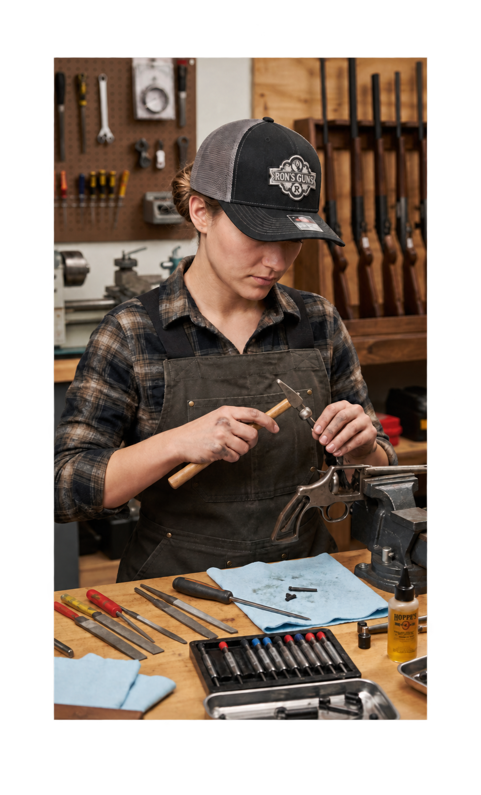 Woman wearing a Ron’s Guns custom patch hat in a gunstore workshop