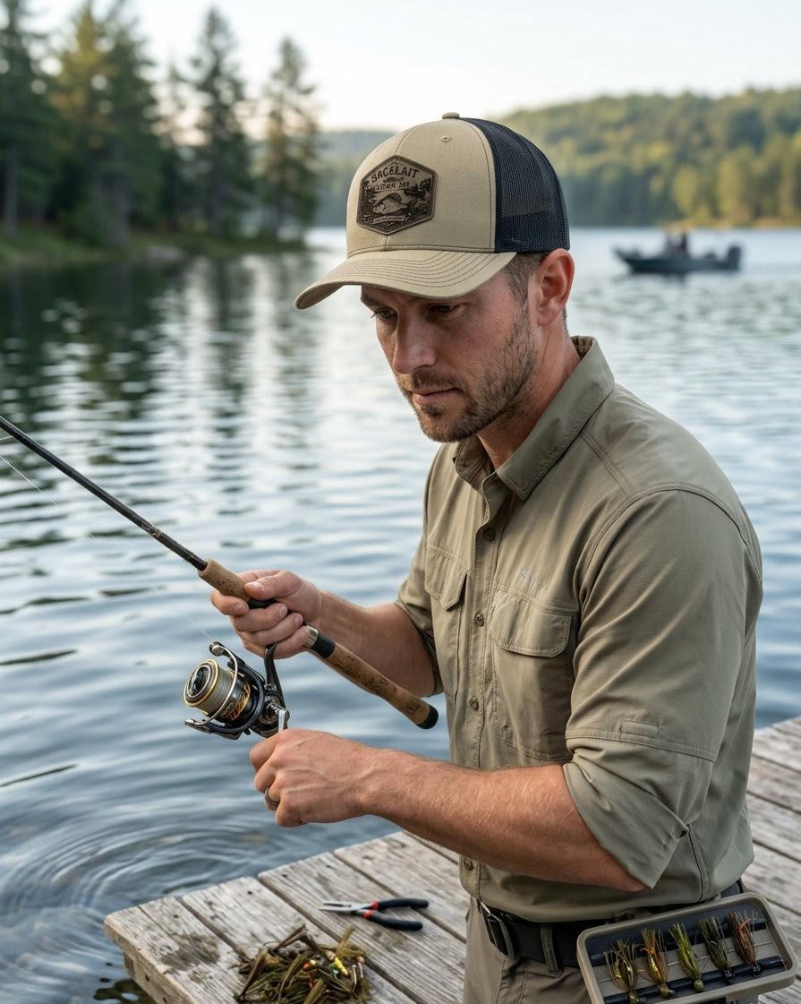 Sacalait patch fishing hat worn by an angler beside a lake — lifestyle design mockup