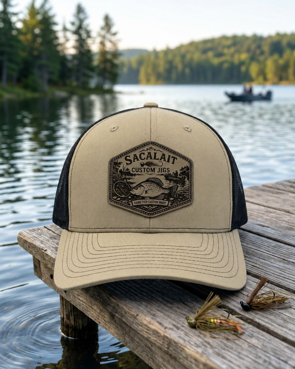 Sacalait Custom Jigs Leather Patch Fishing Hat — Khaki / Black — product mockup