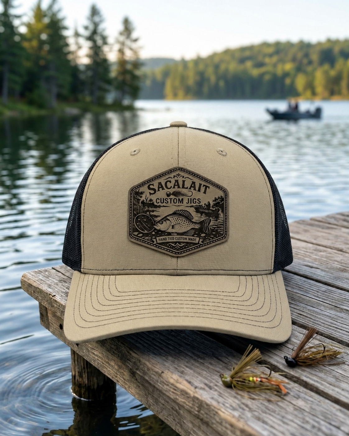Sacalait Custom Jigs Leather Patch Fishing Hat — Khaki / Black — product mockup