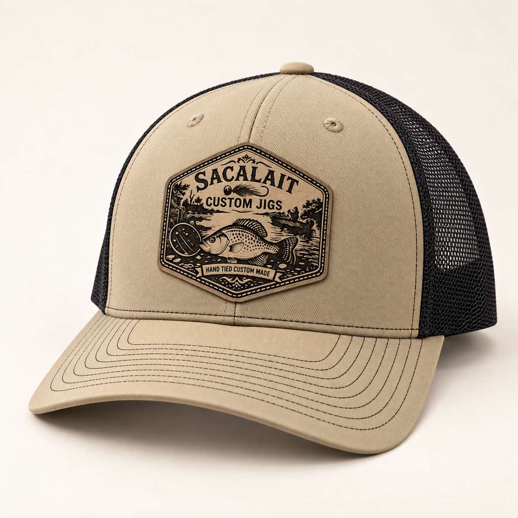 Sacalait leather patch fishing hat studio mockup