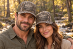 Couple wearing matching Tall Timber Hunting Club hats