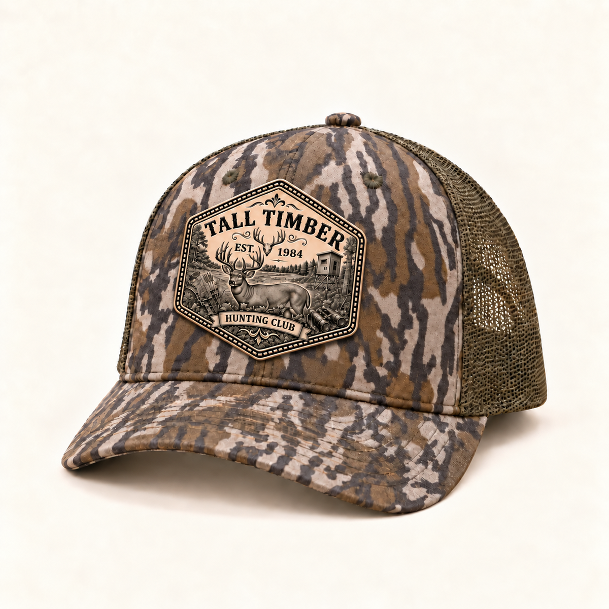 Tall Timber Hunting Club hat with Flint patch aligned over the front center seam