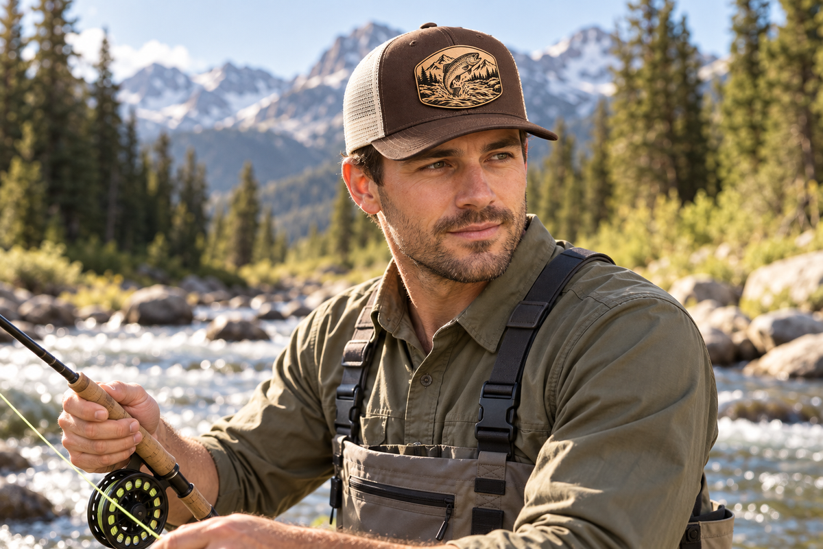 Trout — male fly fishing model wearing Chocolate Chip/Birch hat with Buckskin patch; mockup