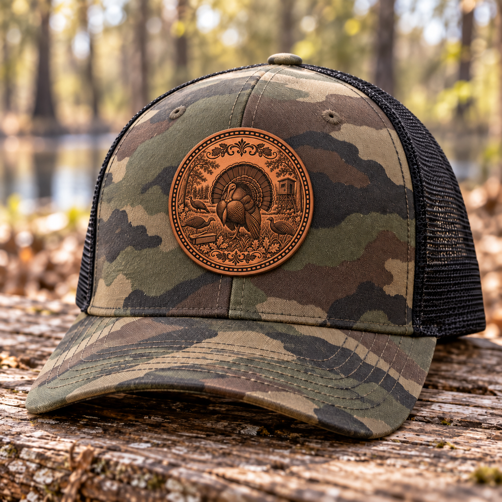 Turkey hunting buckskin brown patch on Richardson 112P Army Camo and black hat — outdoor mockup