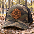 Turkey hunting buckskin brown patch on Richardson 112P Army Camo and black hat — outdoor mockup