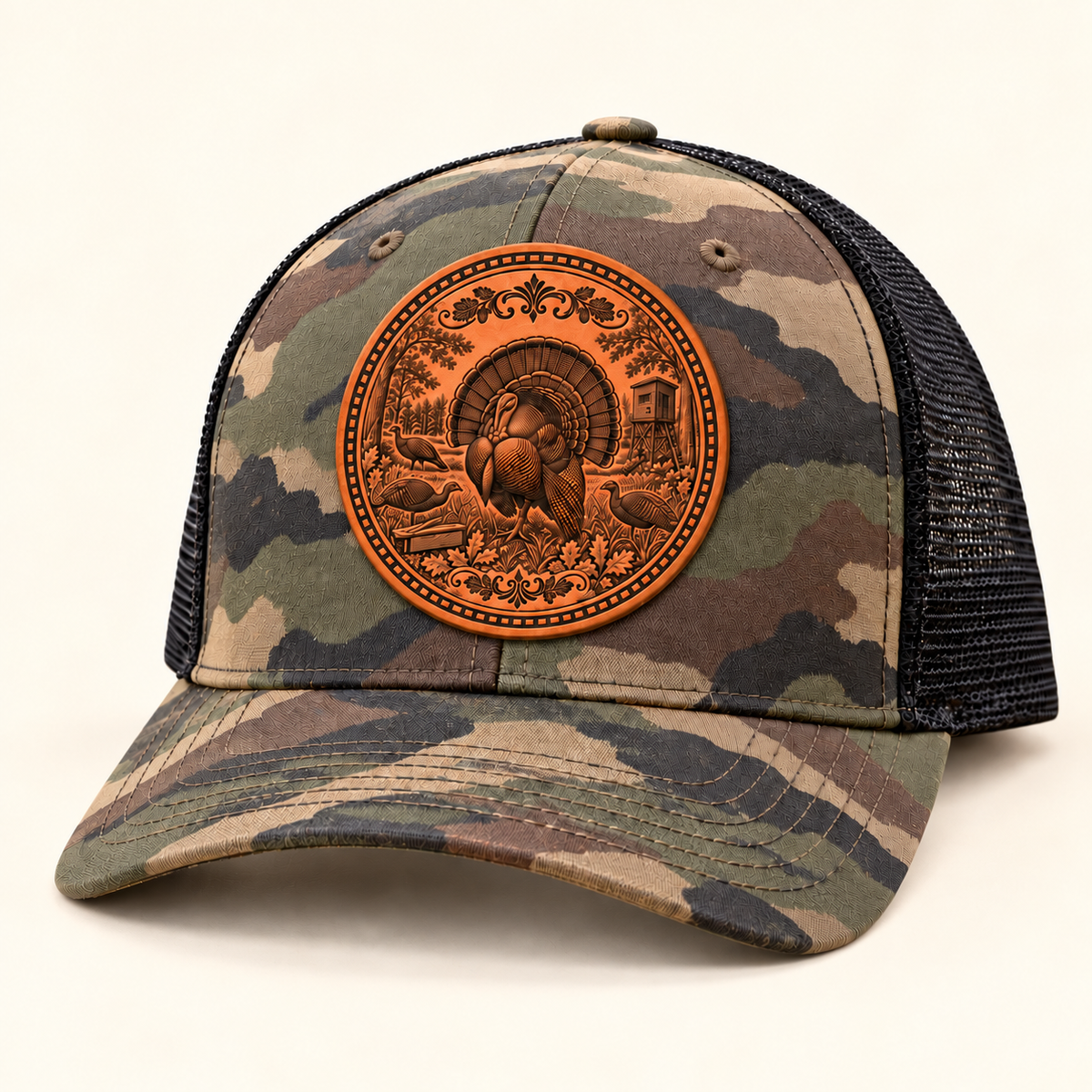 Turkey hunting buckskin brown patch on Richardson 112P Army Camo and black hat — studio mockup